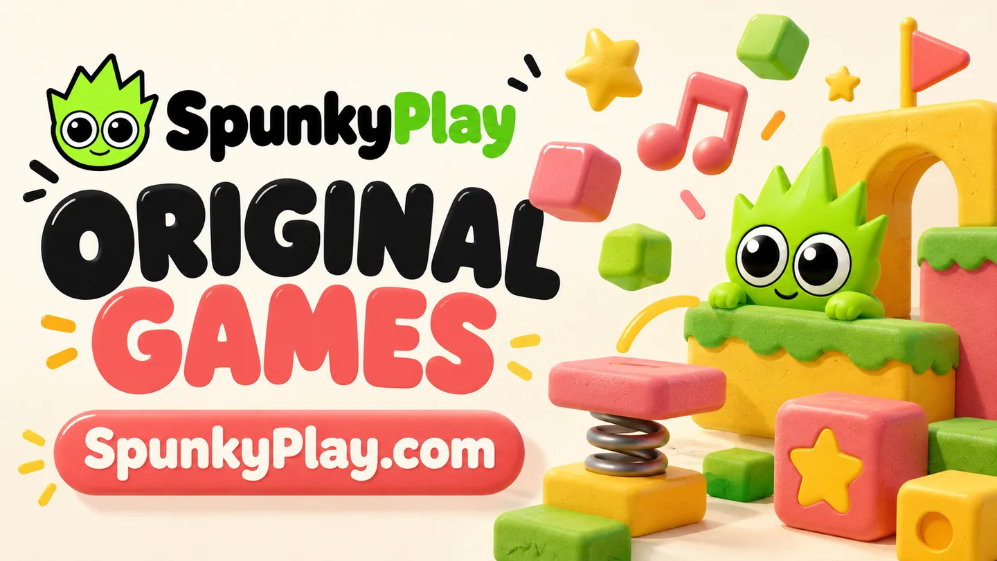 SpunkyPlay original games: green mascot, colorful platforms and puzzle blocks, with SpunkyPlay.com branding